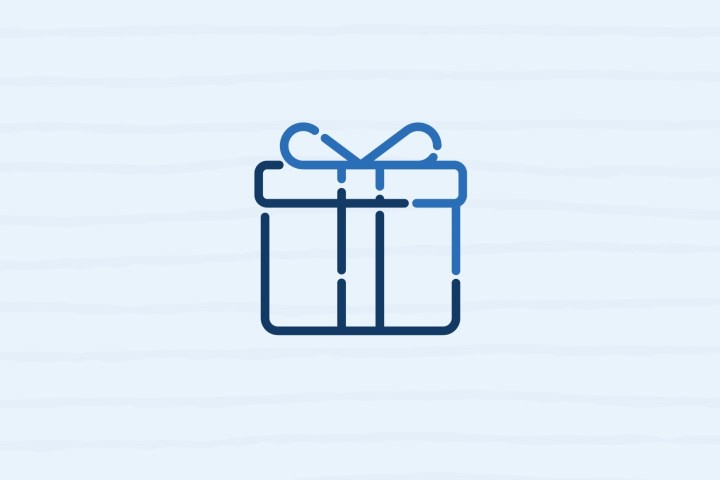 Simple blue gift box icon with ribbon on light striped background.