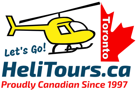 Yellow helicopter and maple leaf logo for HeliTours.ca, text says 'Let's Go!' and 'Proudly Canadian Since 1997'.
