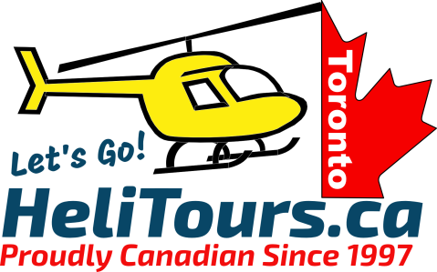 Yellow helicopter, red maple leaf, 'Toronto' text. 'Let's Go! HeliTours.ca Proudly Canadian Since 1997.'