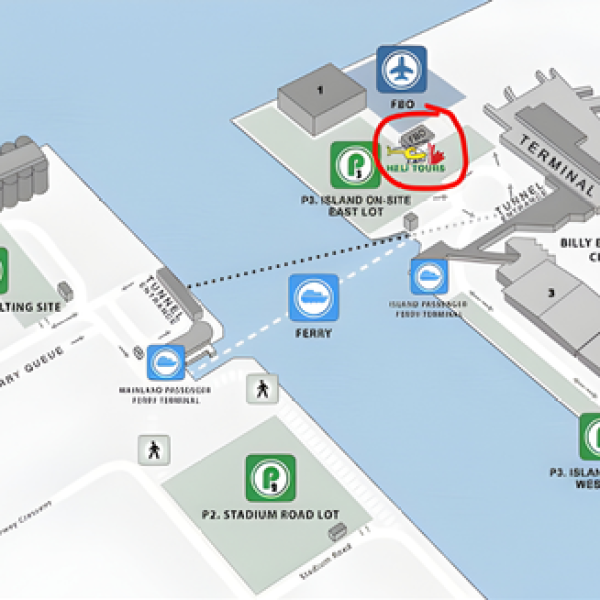 Map of parking and ferry locations near Billy Bishop Toronto City Airport.