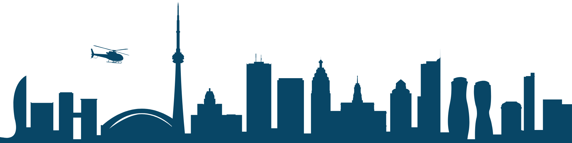 Silhouette of a city skyline with a helicopter in flight above it.